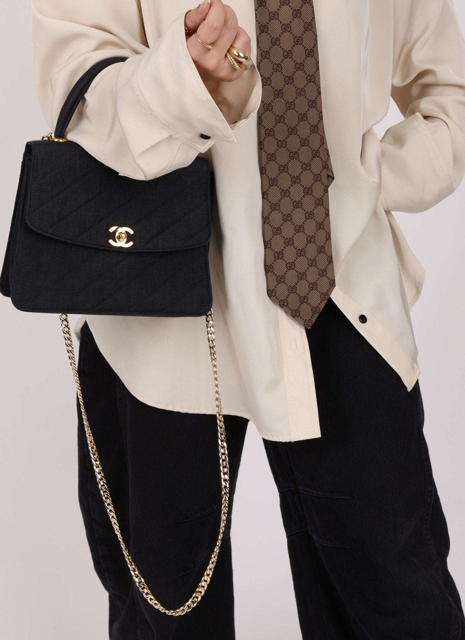 Rare Chanel 1991 Black Linen Kelly Top Handle - FashioNica