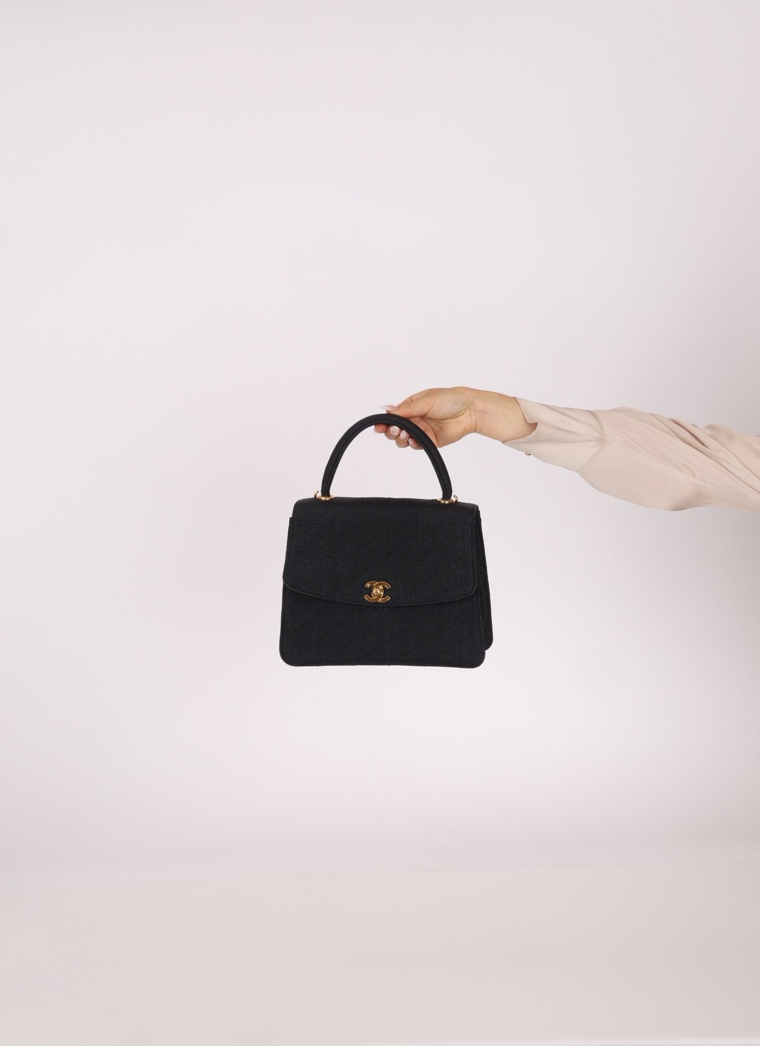 Rare Chanel 1991 Black Linen Kelly Top Handle - FashioNica