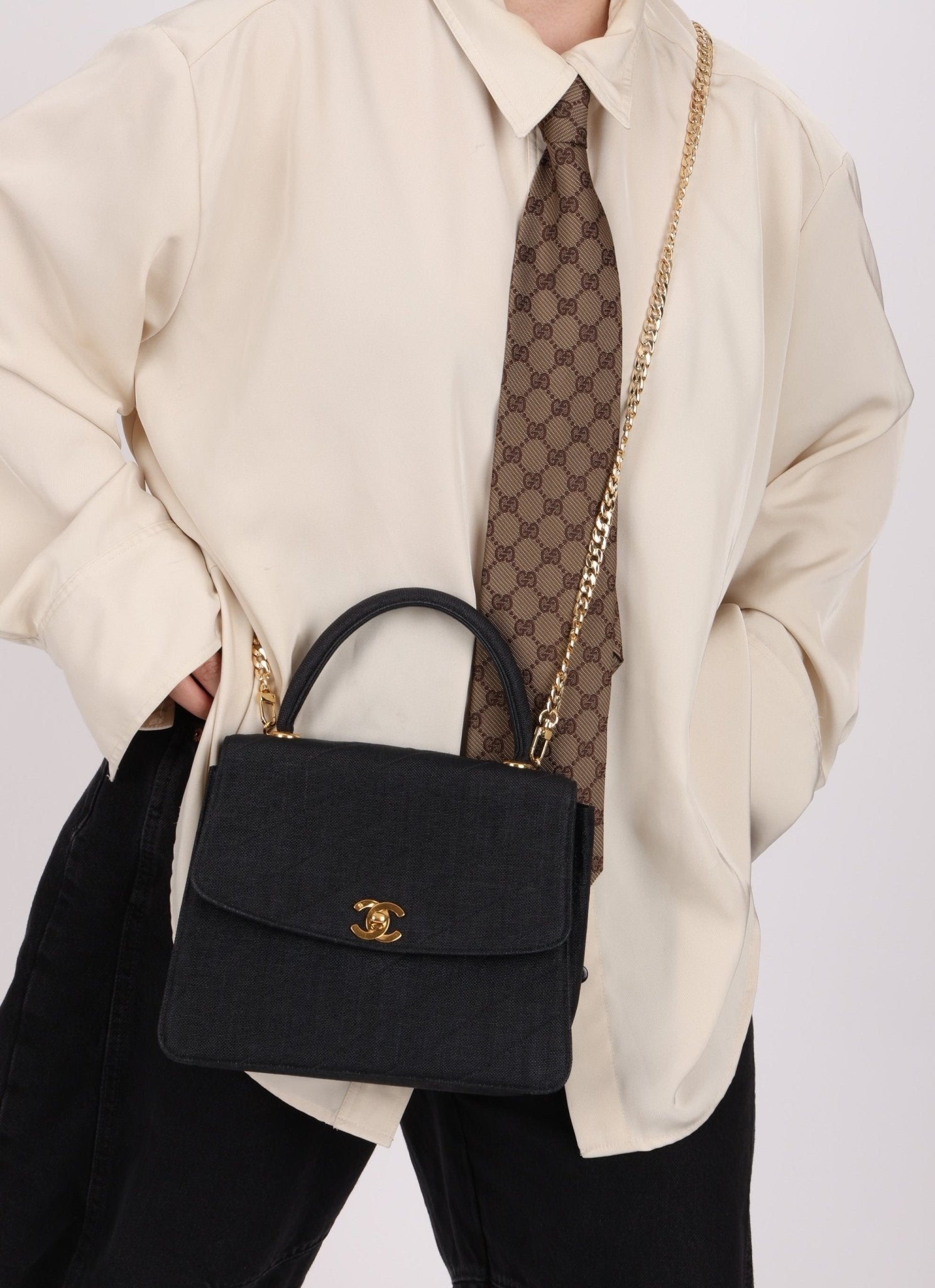 Rare Chanel 1991 Black Linen Kelly Top Handle - FashioNica