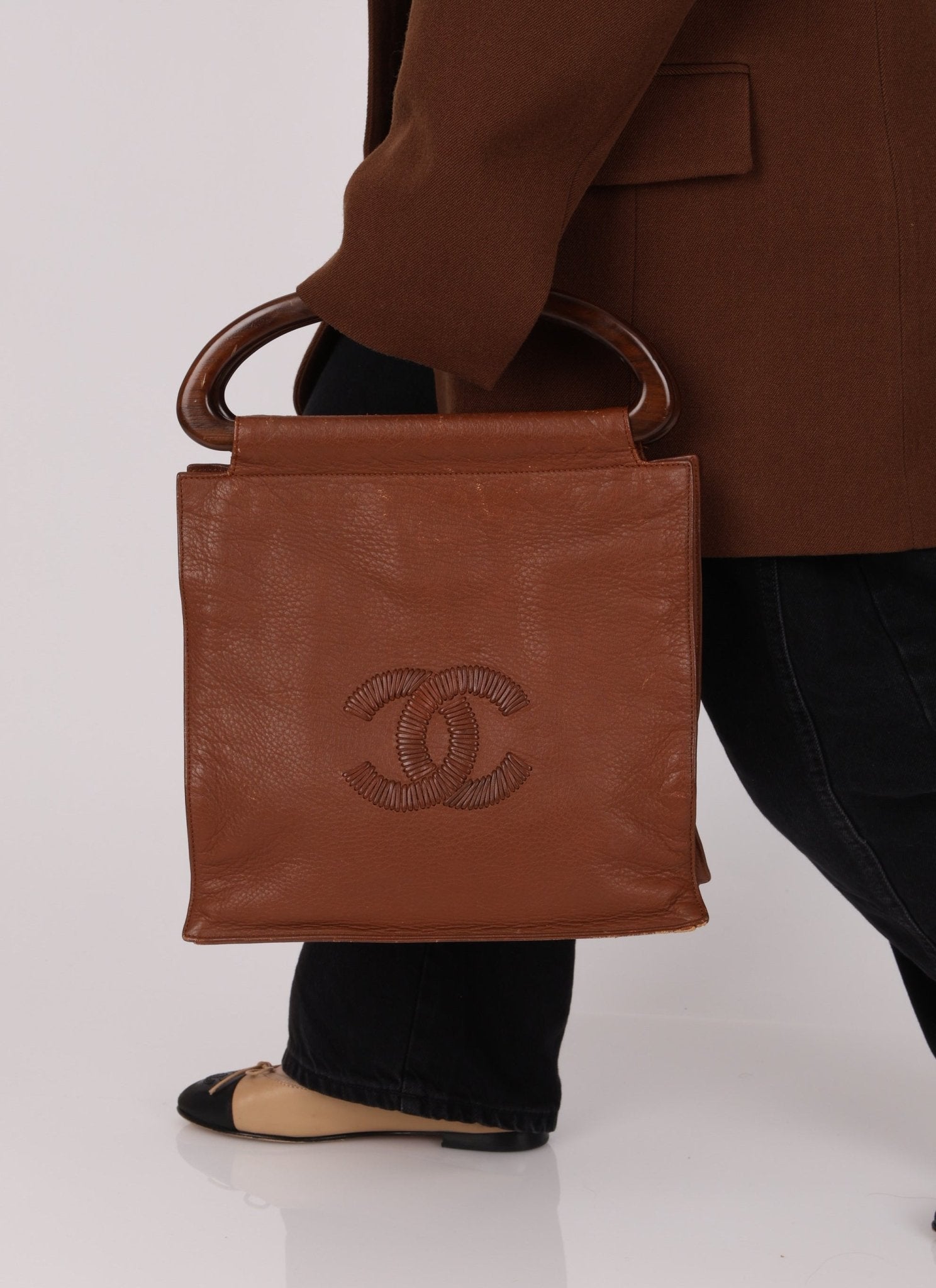 Rare Chanel 2003 Whipstitch Wood Top Handle Tote - FashioNica
