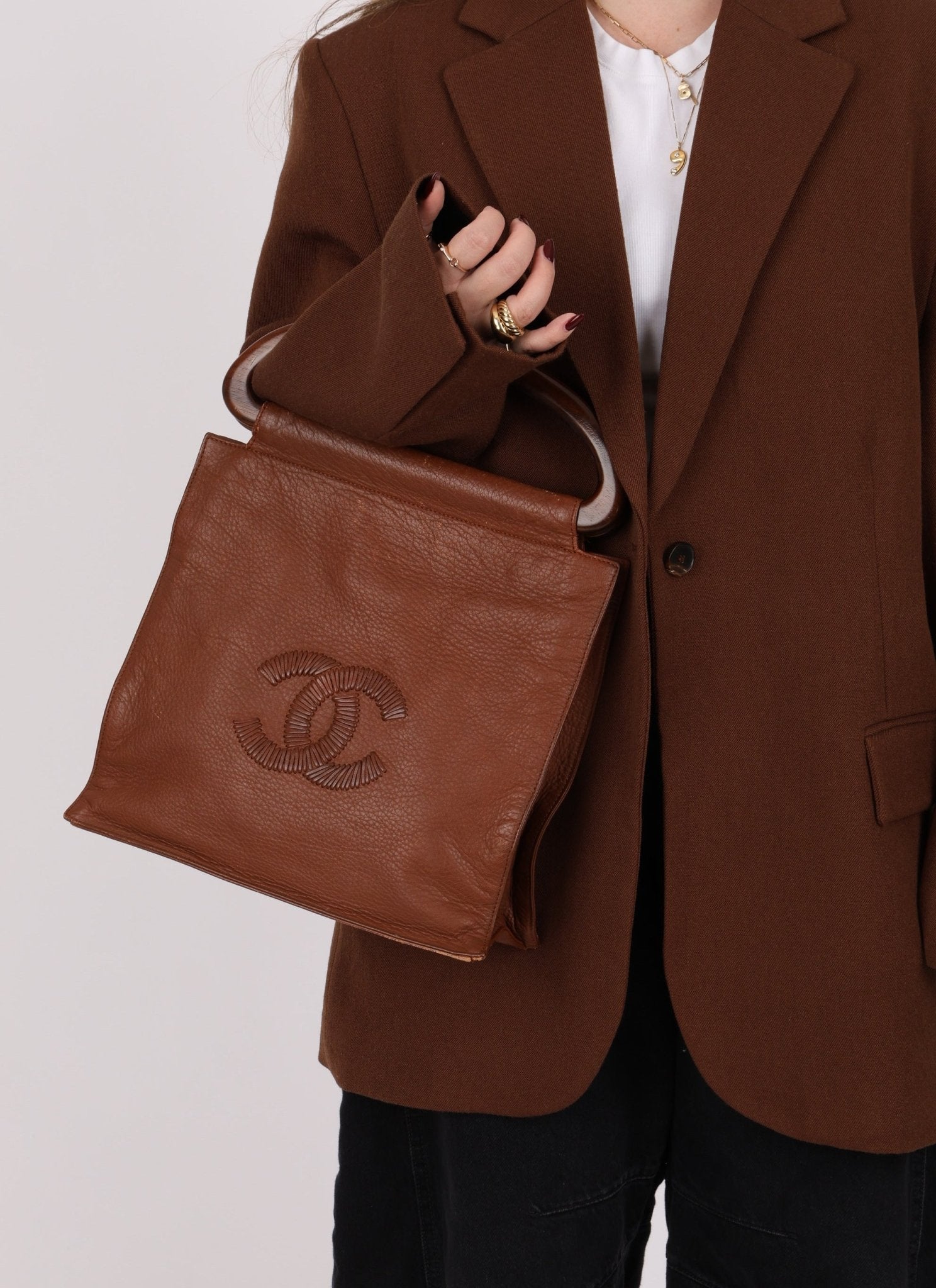 Rare Chanel 2003 Whipstitch Wood Top Handle Tote - FashioNica