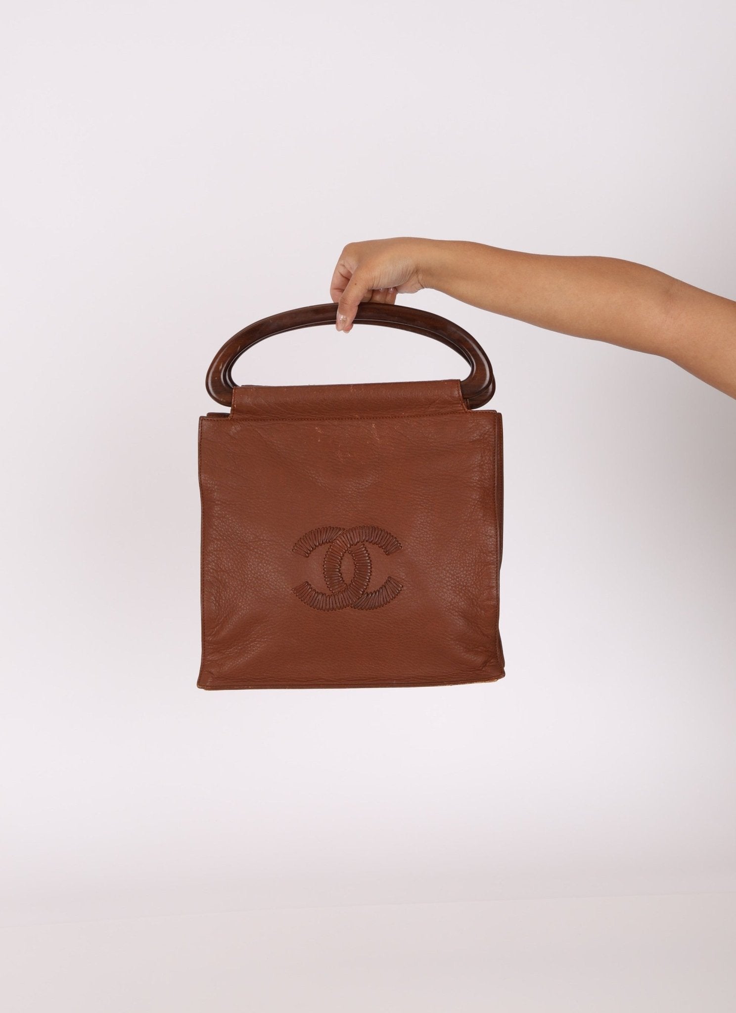 Rare Chanel 2003 Whipstitch Wood Top Handle Tote - FashioNica