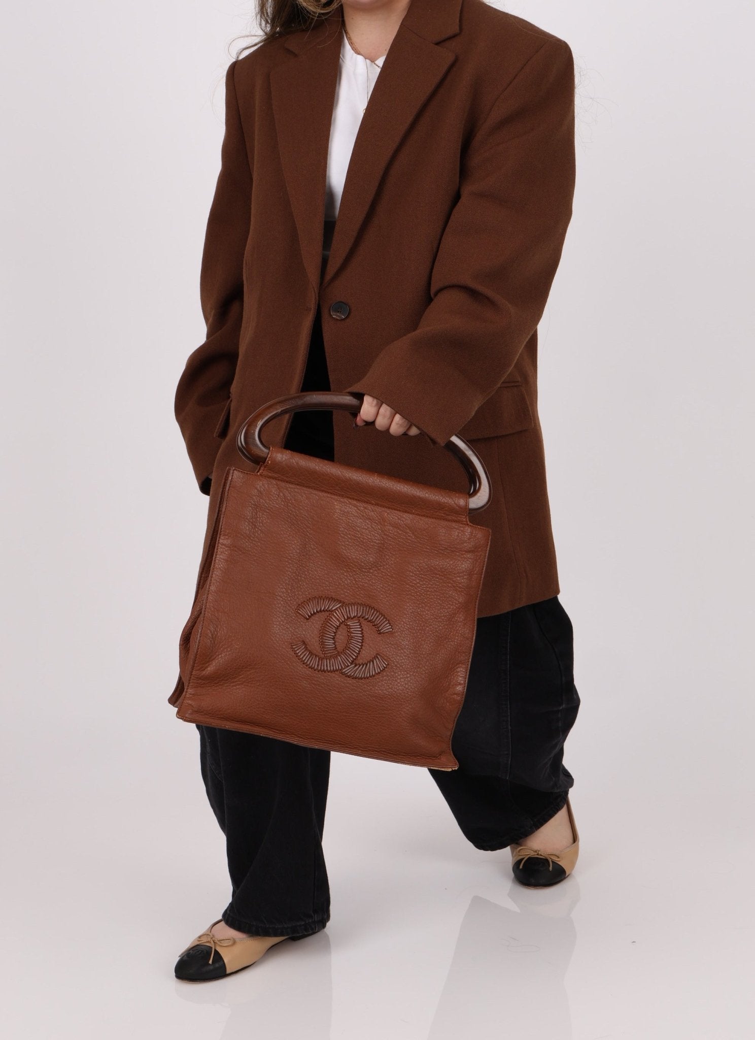 Rare Chanel 2003 Whipstitch Wood Top Handle Tote - FashioNica