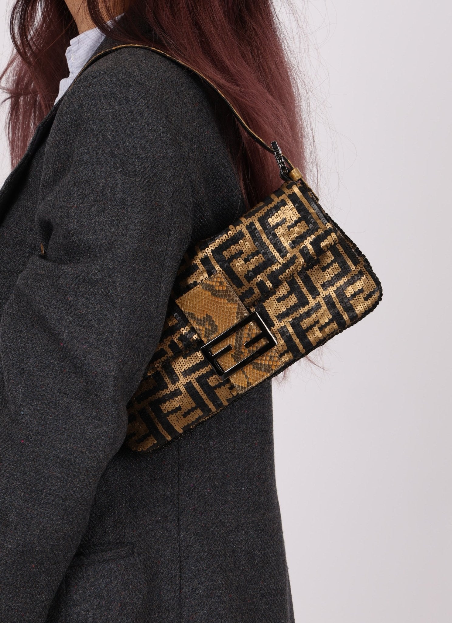Ultra - Rare Vintage Fendi Zucca Sequin Snakeskin Baguette - FashioNica