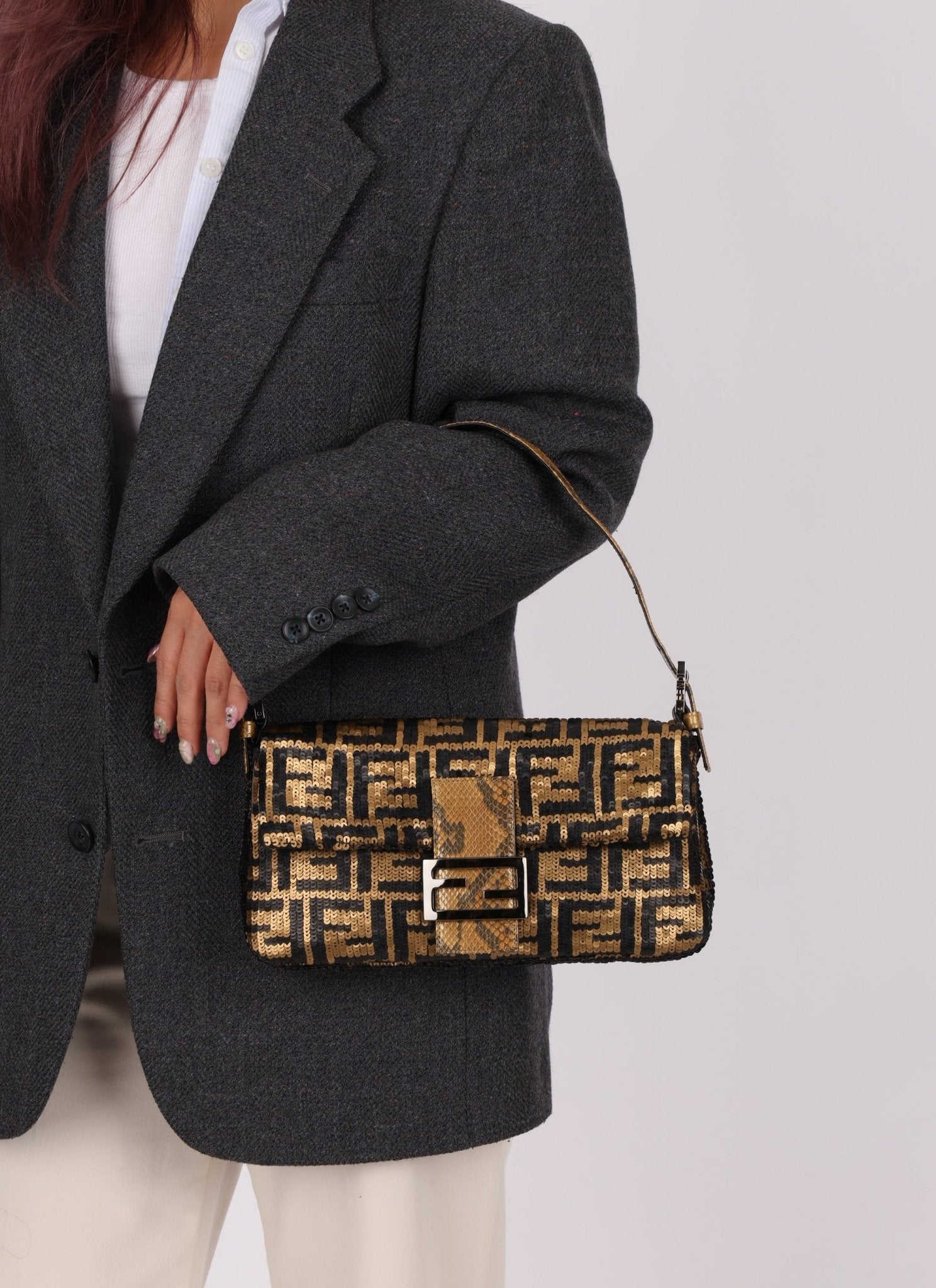 Ultra - Rare Vintage Fendi Zucca Sequin Snakeskin Baguette - FashioNica