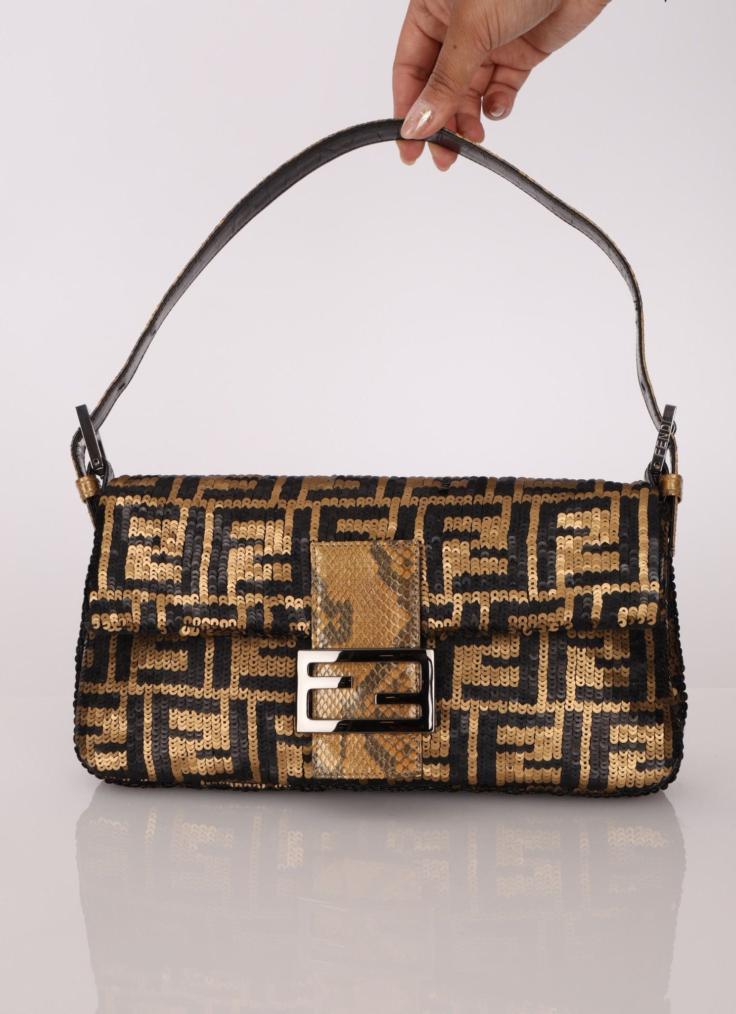 Ultra - Rare Vintage Fendi Zucca Sequin Snakeskin Baguette - FashioNica