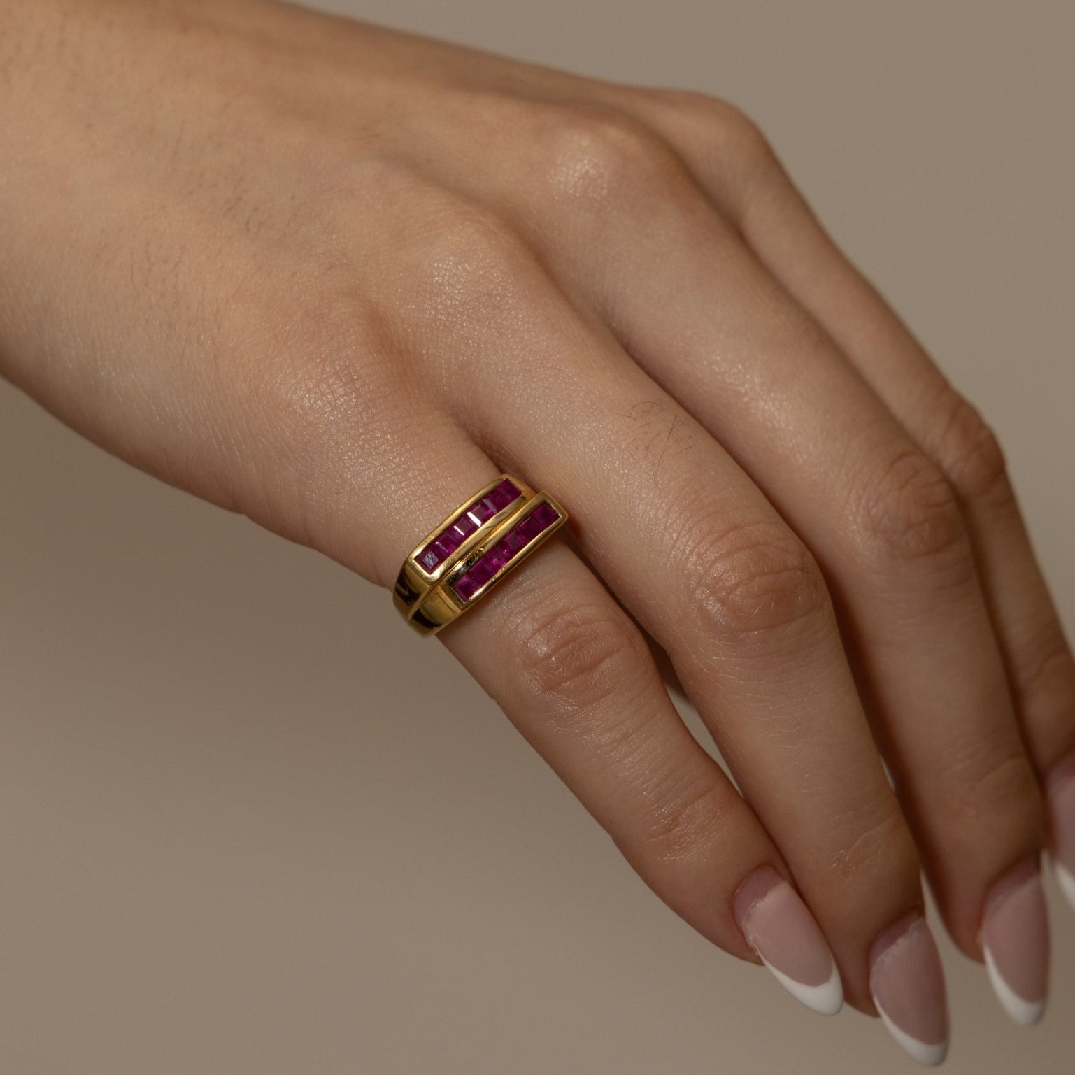 18K Yellow Gold Double Channel Ruby Ring - FashioNica