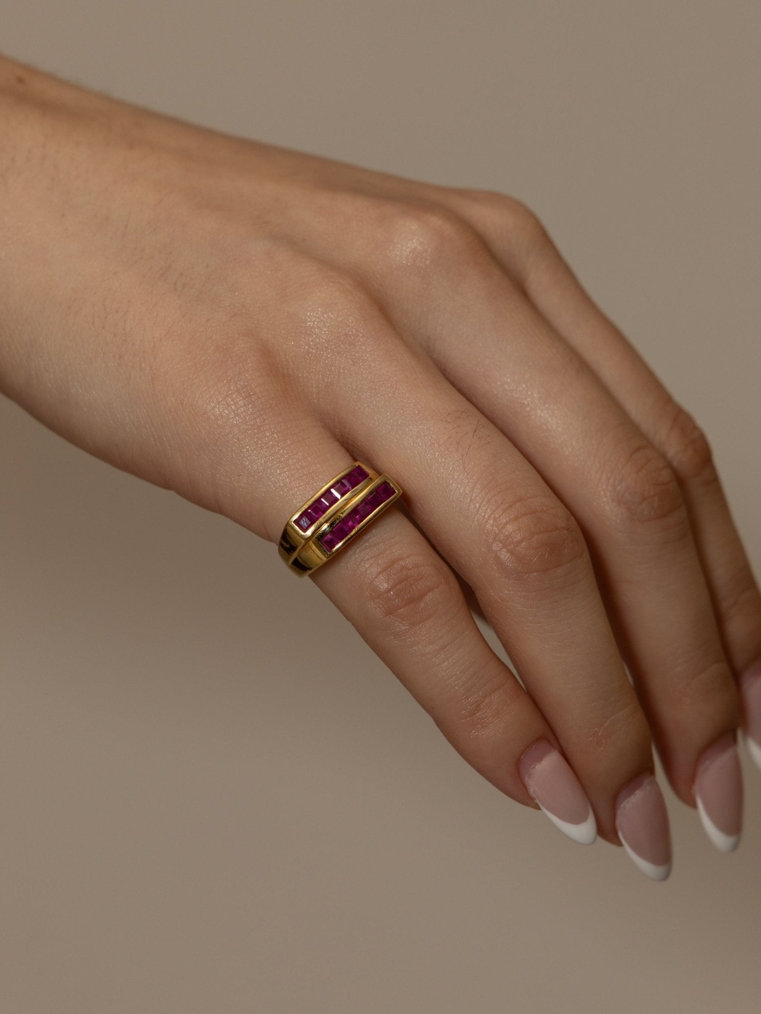 18K Yellow Gold Double Channel Ruby Ring - FashioNica
