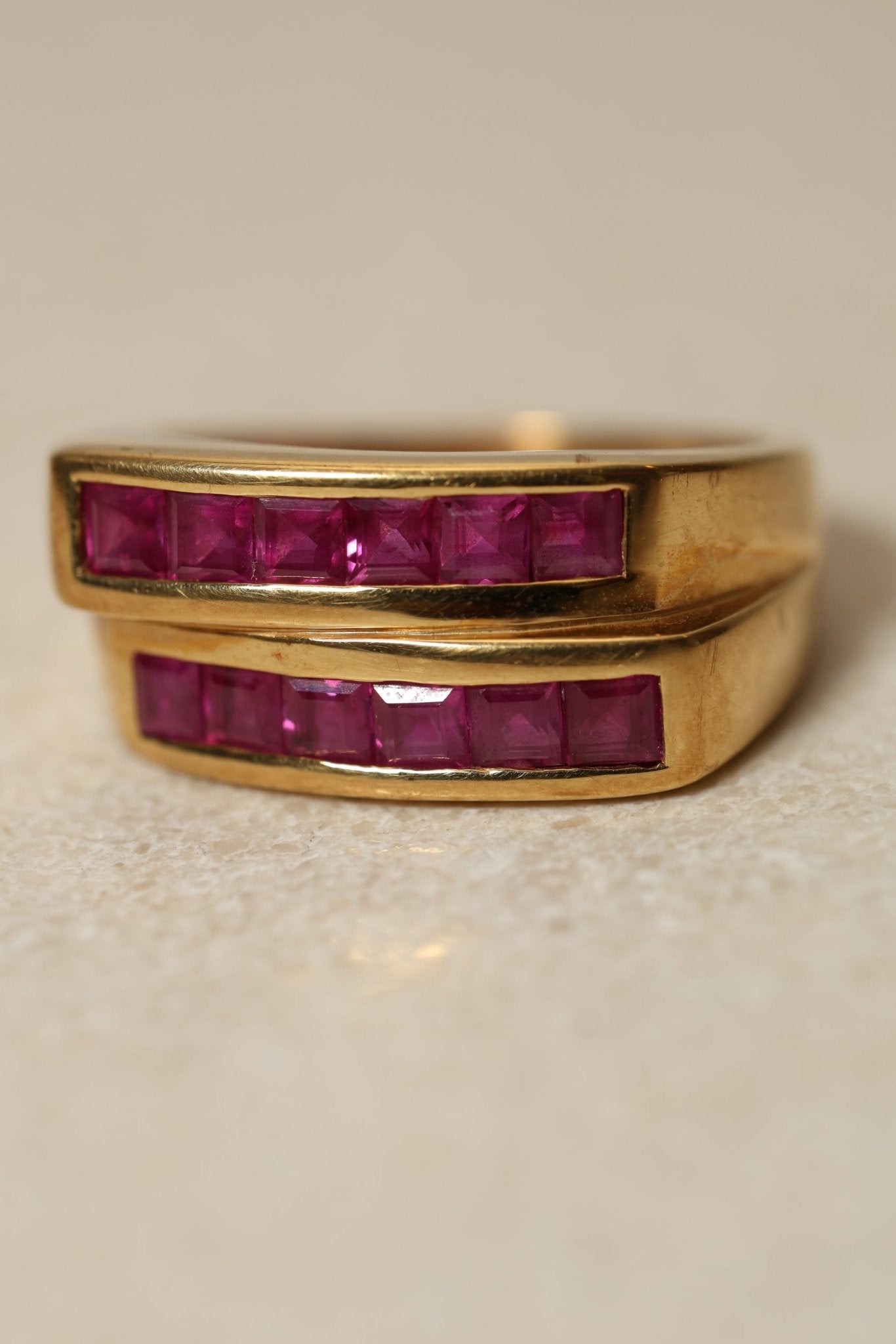 18K Yellow Gold Double Channel Ruby Ring - FashioNica