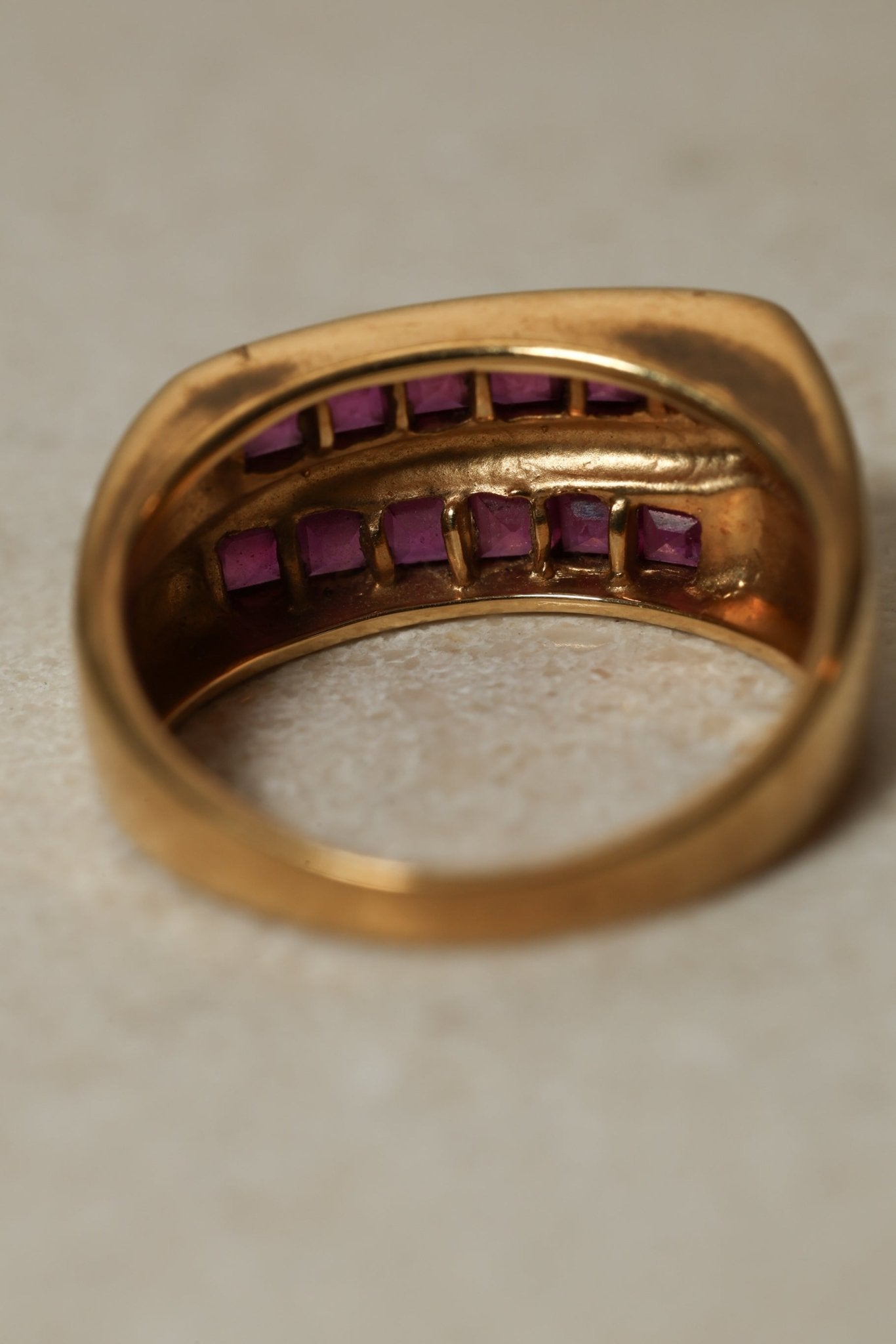 18K Yellow Gold Double Channel Ruby Ring - FashioNica