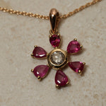 18K Yellow Gold Ruby and Diamond Flower Pendant Necklace - FashioNica