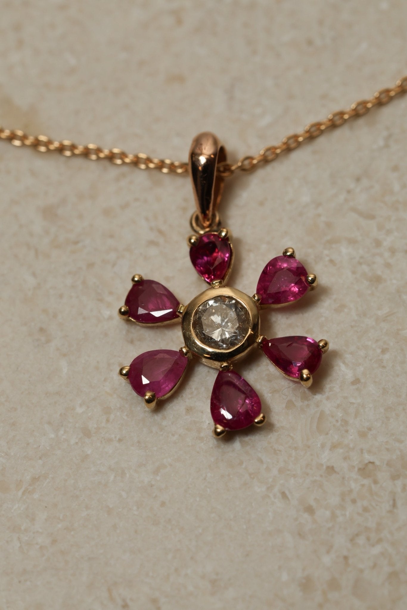 18K Yellow Gold Ruby and Diamond Flower Pendant Necklace - FashioNica