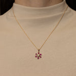 18K Yellow Gold Ruby and Diamond Flower Pendant Necklace - FashioNica