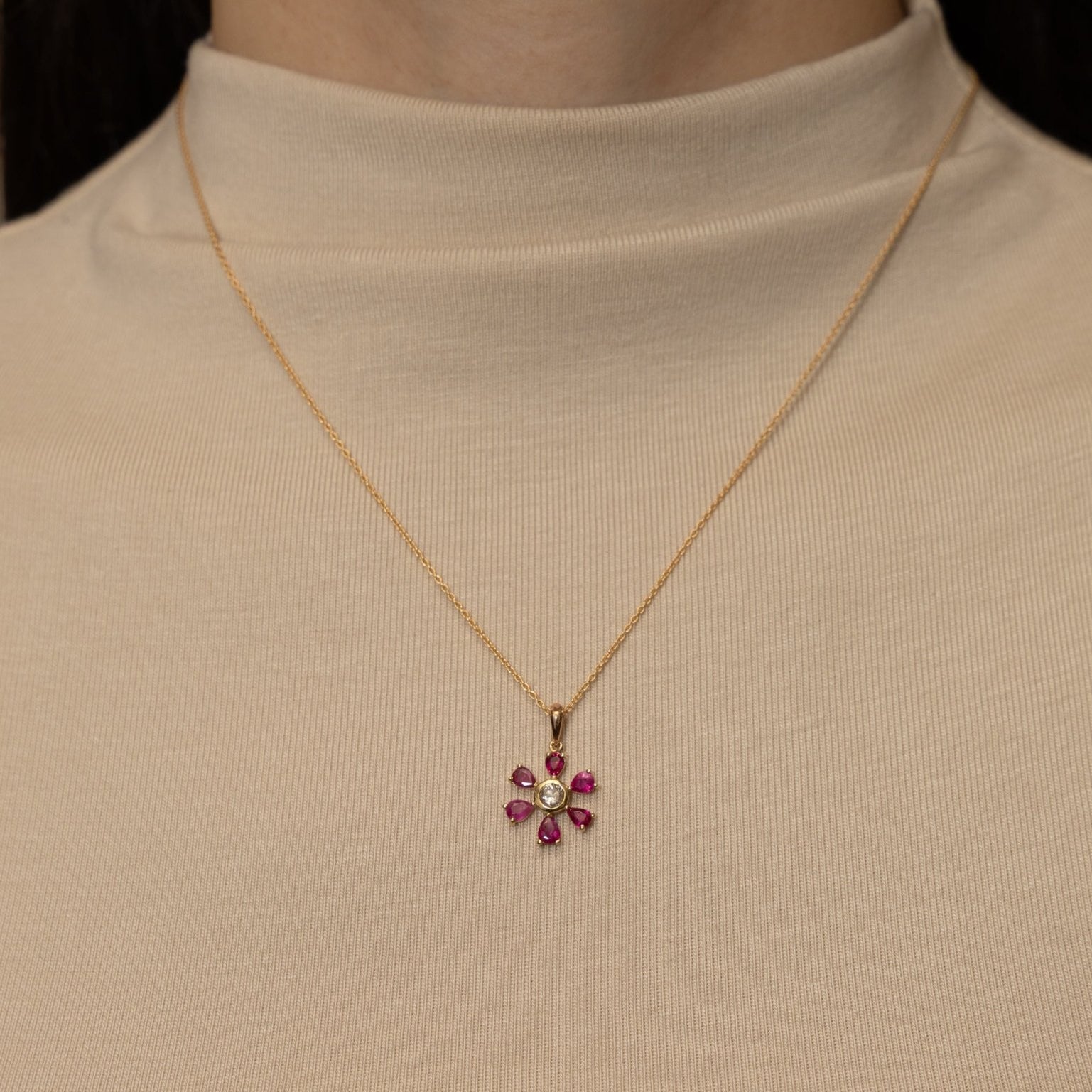 18K Yellow Gold Ruby and Diamond Flower Pendant Necklace - FashioNica