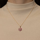 18K Yellow Gold Ruby and Diamond Flower Pendant Necklace - FashioNica