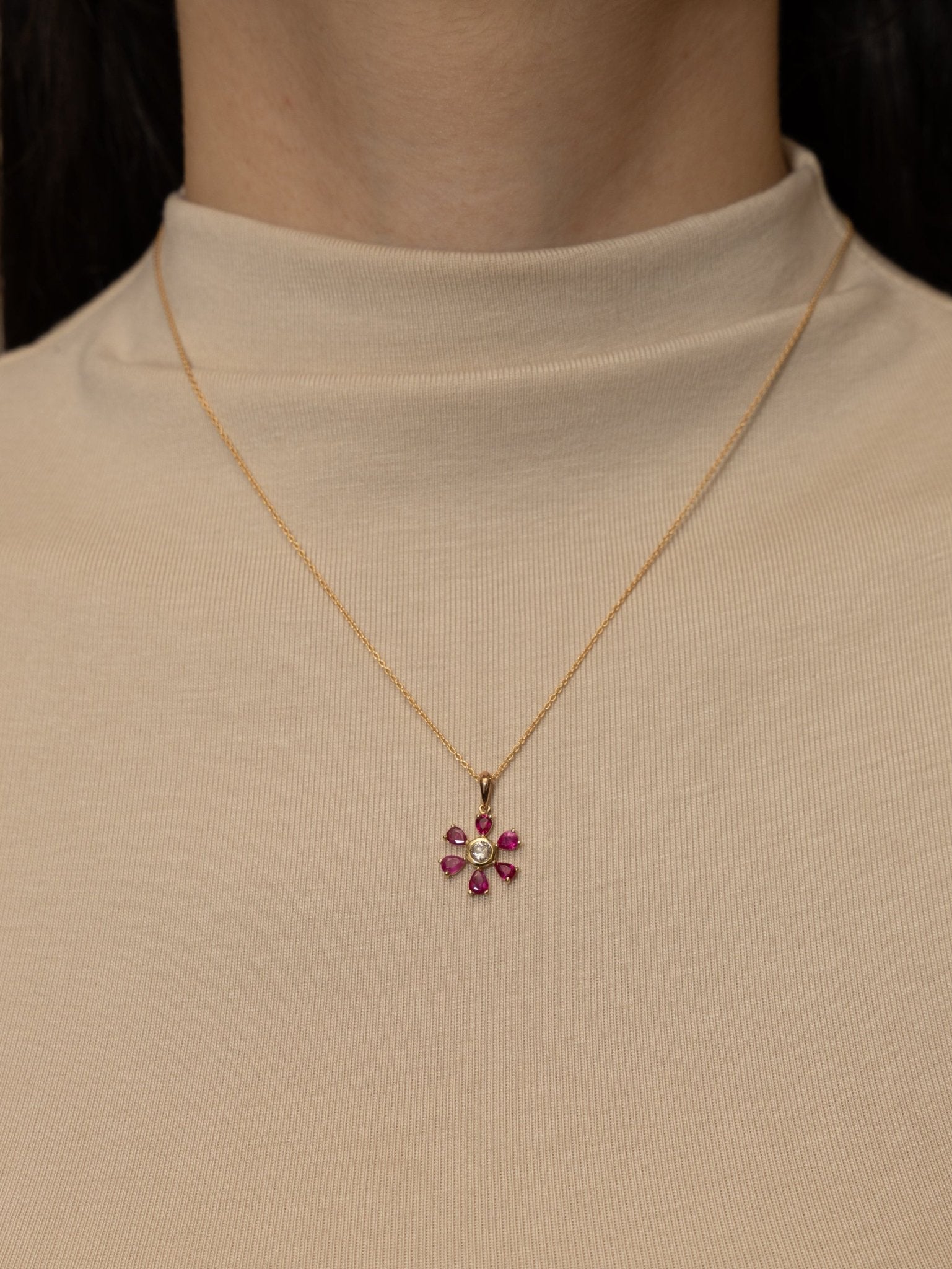 18K Yellow Gold Ruby and Diamond Flower Pendant Necklace - FashioNica