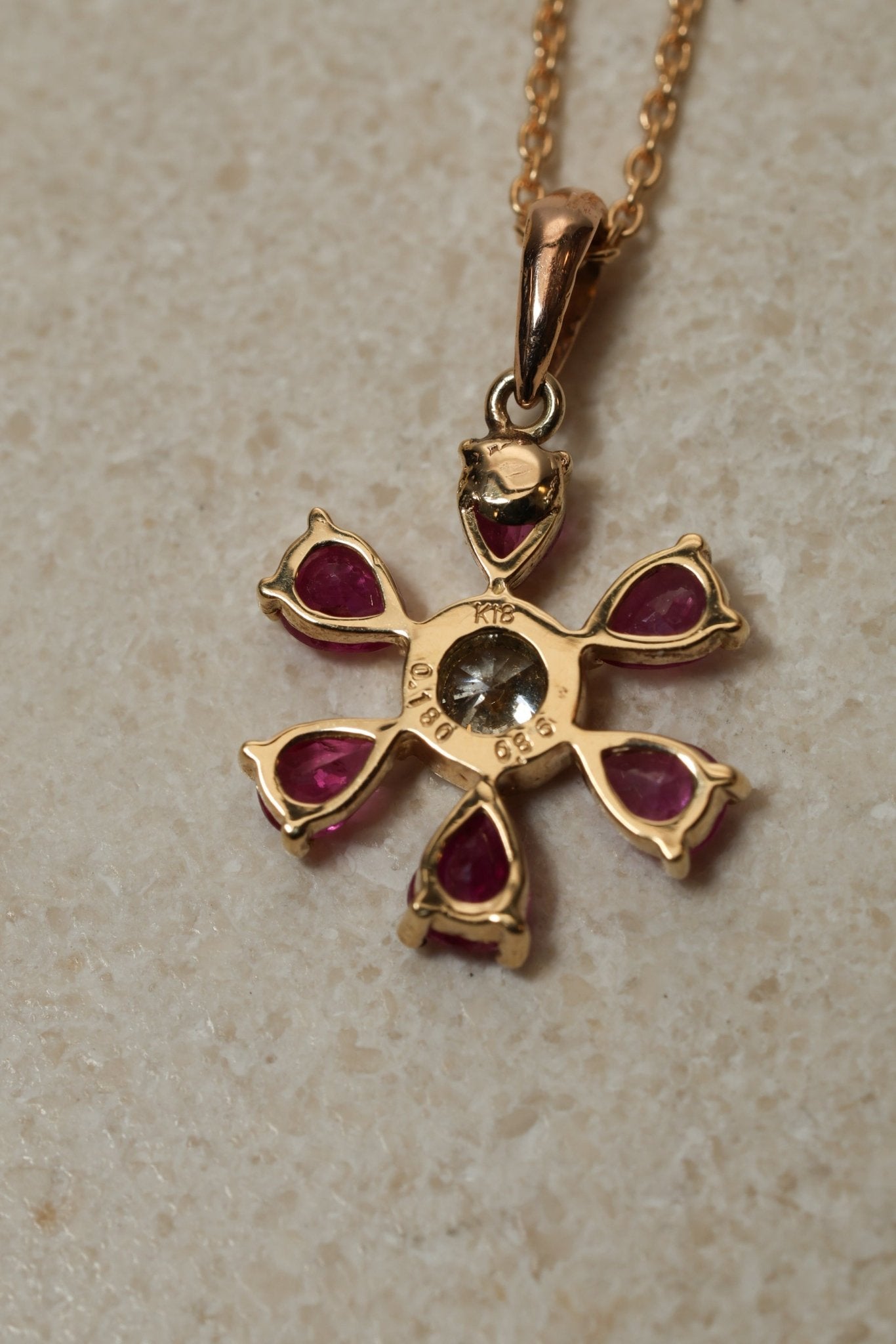 18K Yellow Gold Ruby and Diamond Flower Pendant Necklace - FashioNica