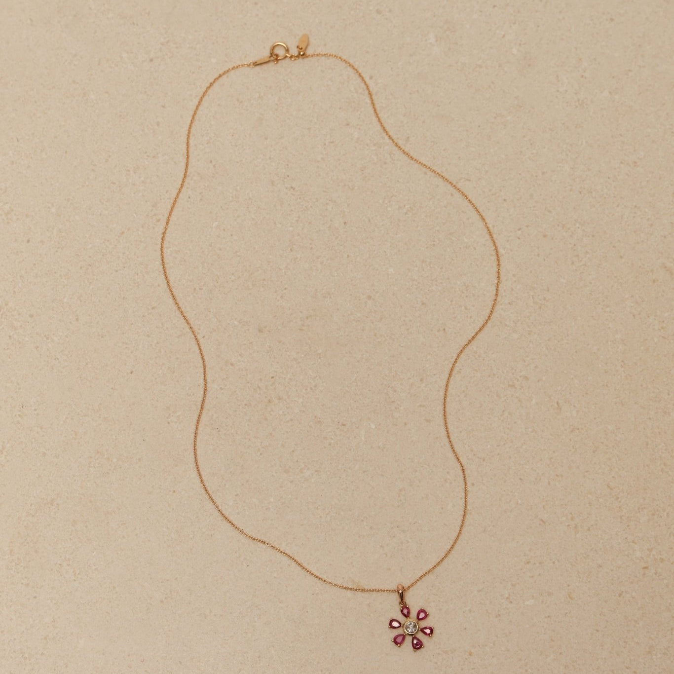 18K Yellow Gold Ruby and Diamond Flower Pendant Necklace - FashioNica