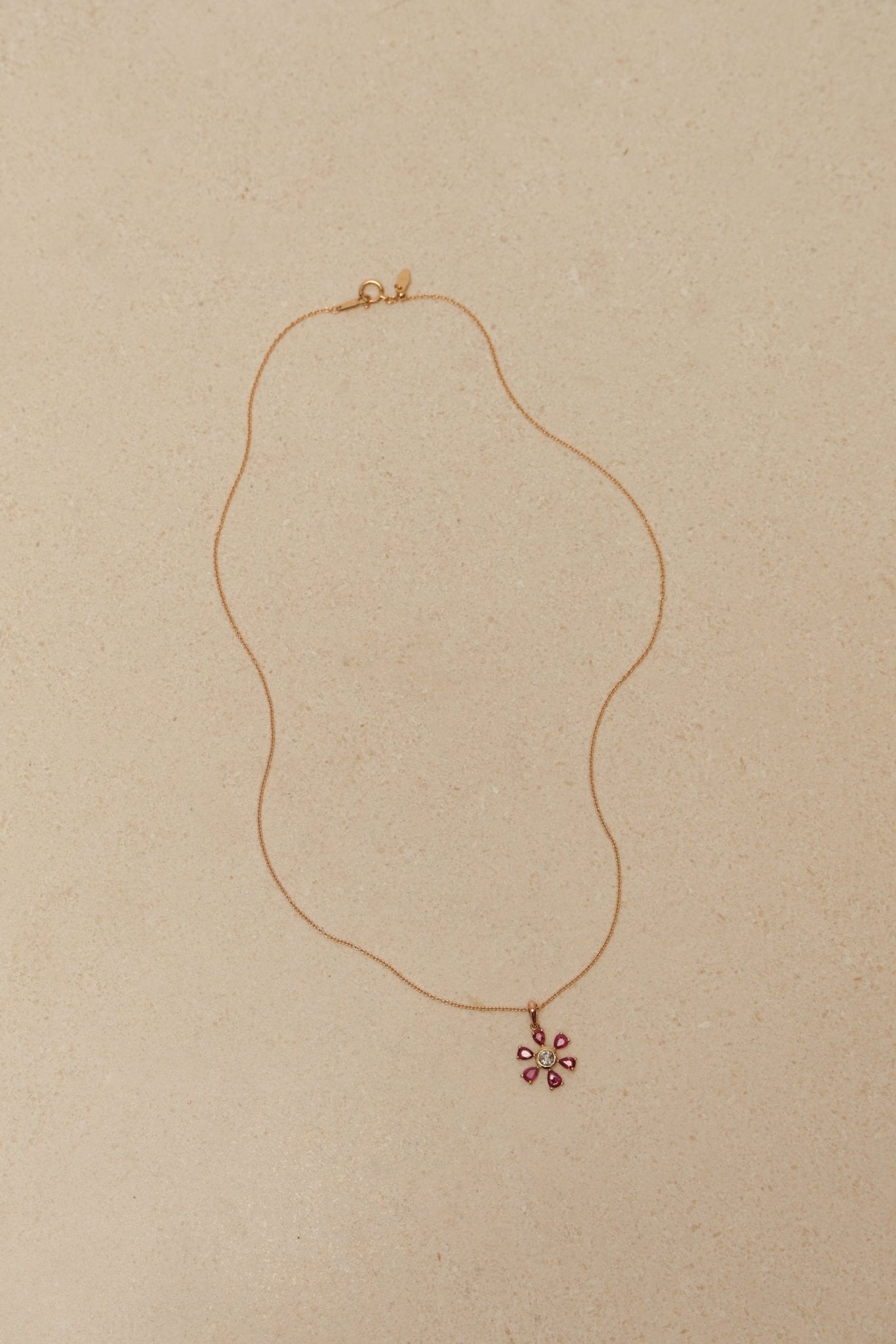 18K Yellow Gold Ruby and Diamond Flower Pendant Necklace - FashioNica