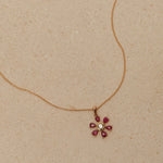 18K Yellow Gold Ruby and Diamond Flower Pendant Necklace - FashioNica