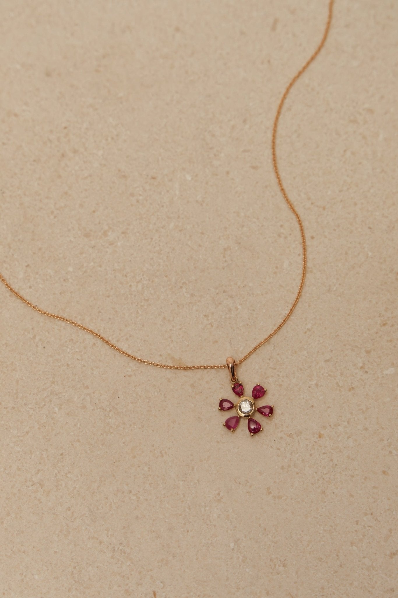 18K Yellow Gold Ruby and Diamond Flower Pendant Necklace - FashioNica