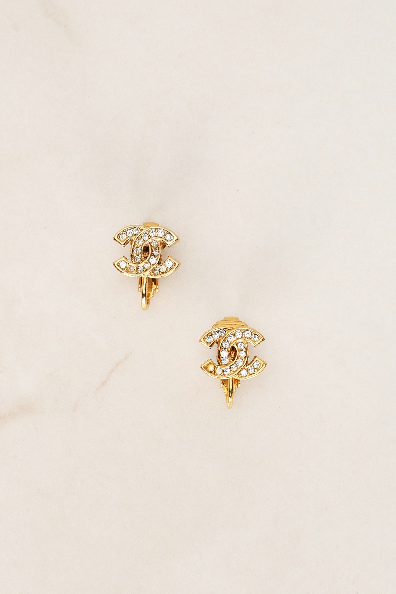 Vintage Chanel CC Crystal Clip-On Earrings 24K GP