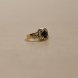 1980's 18K Yellow Gold Sapphire and Diamond Solitaire Halo Ring, Size US 6.75