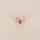 1970s - 1980s 18K Yellow Gold Ruby and Diamond Cluster Halo Ring, Size US 8 - Drop 23