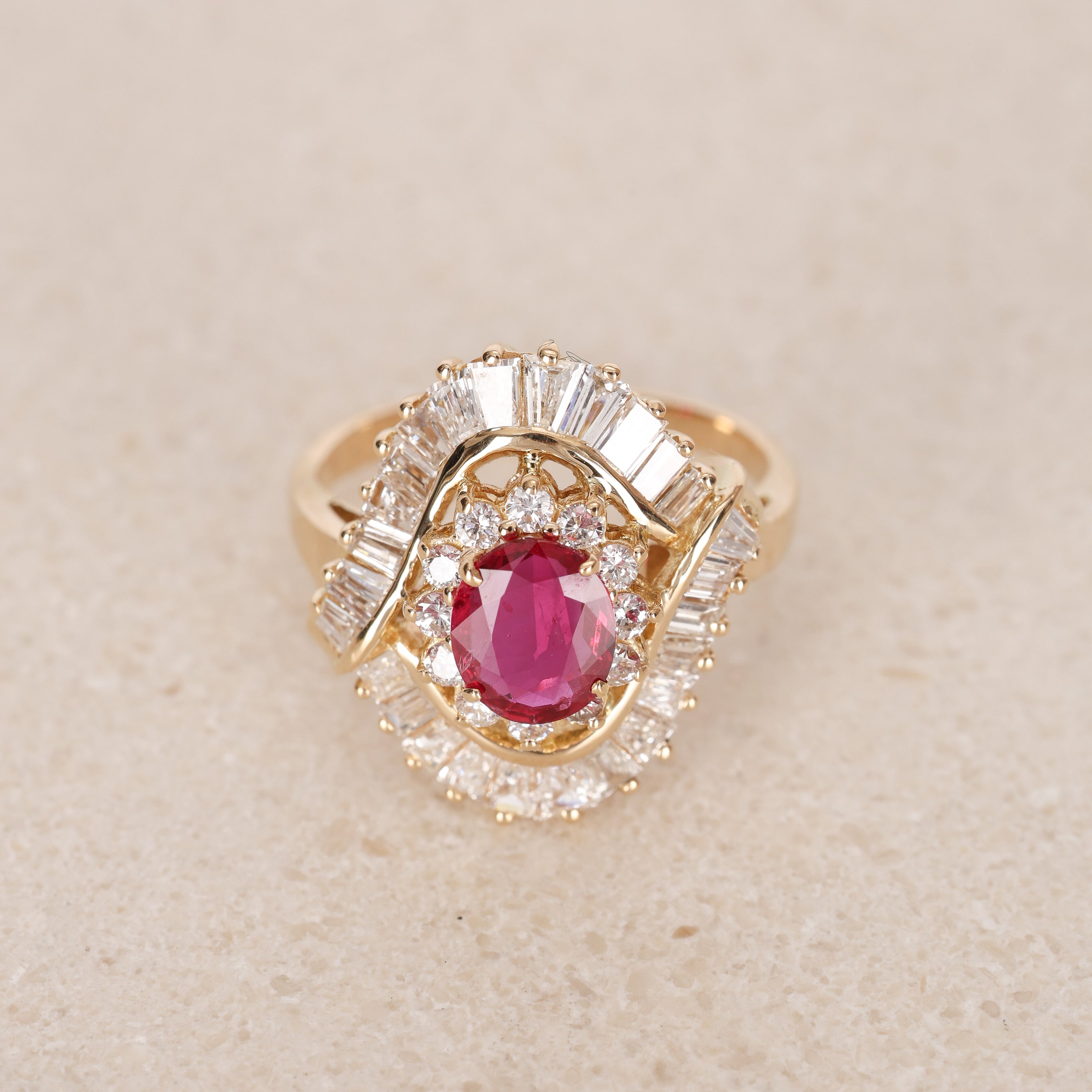 1970s - 1980s 18K Yellow Gold Ruby and Diamond Cluster Halo Ring, Size US 8