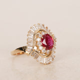 1970s - 1980s 18K Yellow Gold Ruby and Diamond Cluster Halo Ring, Size US 8 - Drop 23