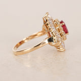 1970s - 1980s 18K Yellow Gold Ruby and Diamond Cluster Halo Ring, Size US 8 - Drop 23