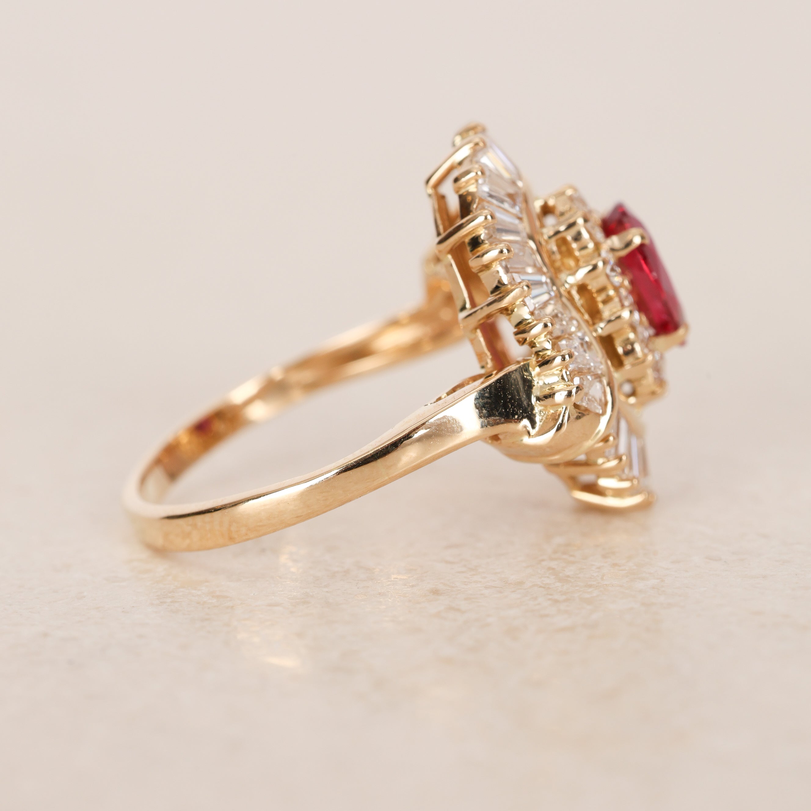 1970s - 1980s 18K Yellow Gold Ruby and Diamond Cluster Halo Ring, Size US 8