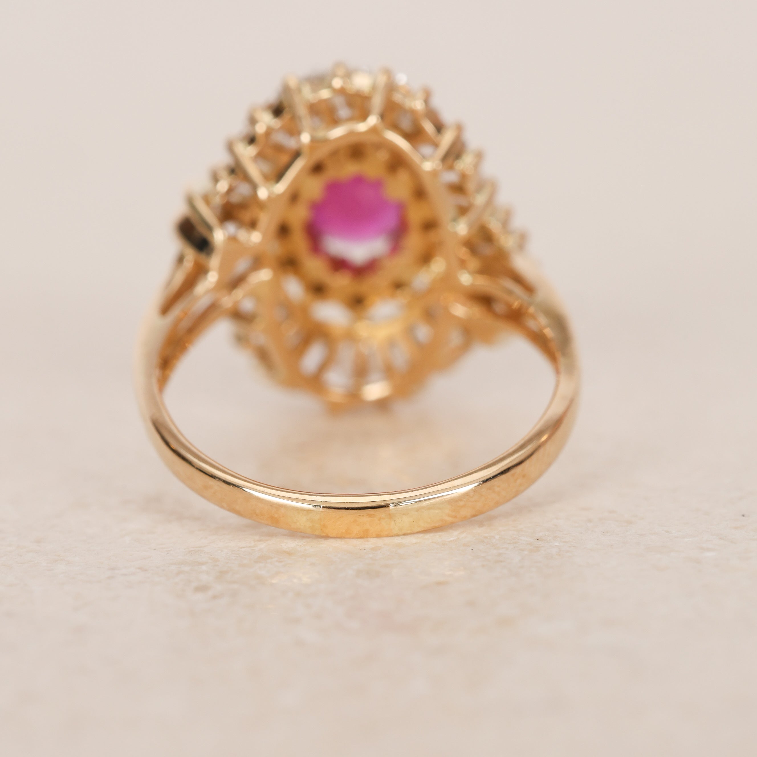 1970s - 1980s 18K Yellow Gold Ruby and Diamond Cluster Halo Ring, Size US 8