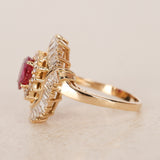 1970s - 1980s 18K Yellow Gold Ruby and Diamond Cluster Halo Ring, Size US 8 - Drop 23
