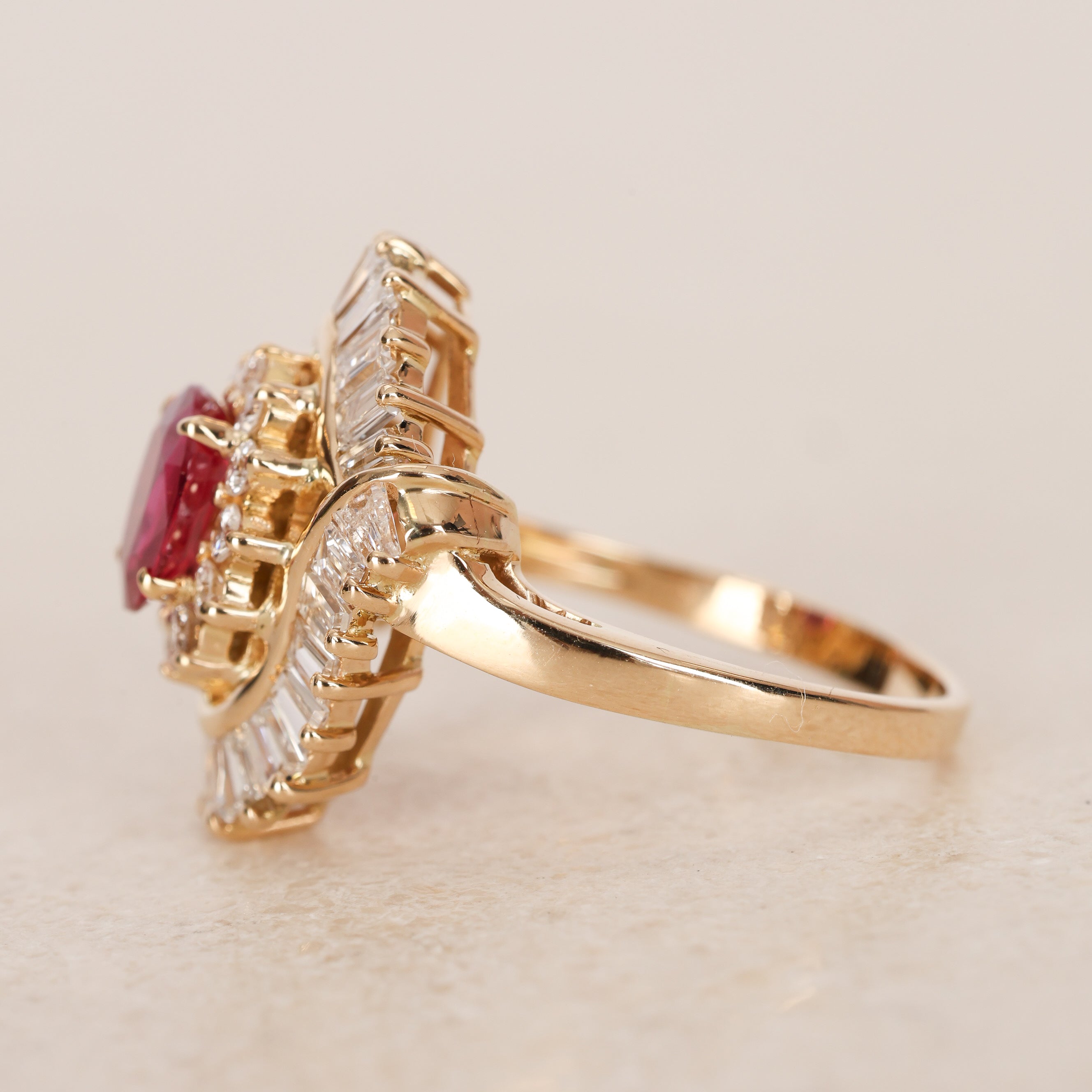 1970s - 1980s 18K Yellow Gold Ruby and Diamond Cluster Halo Ring, Size US 8