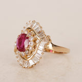 1970s - 1980s 18K Yellow Gold Ruby and Diamond Cluster Halo Ring, Size US 8 - Drop 23