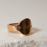 Rare Gucci 18K Yellow Gold Round Plate Logo Pink Sapphire Star Ring
