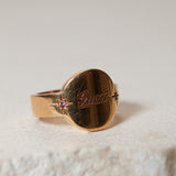 Rare Gucci 18K Yellow Gold Round Plate Logo Pink Sapphire Star Ring
