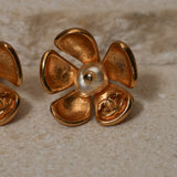 Chanel 2003 Flower Pearl Stud Earrings 24k GP
