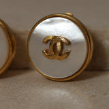Chanel 1995 Mother of Pearl CC Round Clip-On Earrings 24K GP