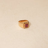 Vintage 18K Yellow Gold Carré Ruby and Diamond Signet Ring