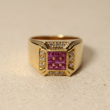 Vintage 18K Yellow Gold Carré Ruby and Diamond Signet Ring
