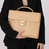Chanel 1997 Beige Caviar XL Turnlock Briefcase