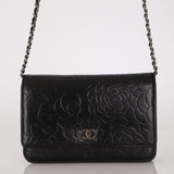 Chanel 2011 Black Lambskin Camellia Wallet on Chain