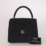 Rare Chanel 1991 Black Linen Kelly Top Handle