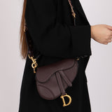 Dior 2019 Bordeaux Grain Mini Saddle GHW w/ Dior Guitar Strap