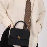 Rare Chanel 1991 Black Linen Kelly Top Handle