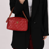 Rare Chanel 1996 Red Caviar Twist Chain Turnlock Camera Shoulder Bag 24K GP