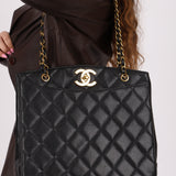 Chanel 1996 Caviar XL Logo Turnlock Tote 24k GP