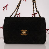 Chanel 1991 Black Suede XL Turnlock Jumbo Classic Flap 24K GP